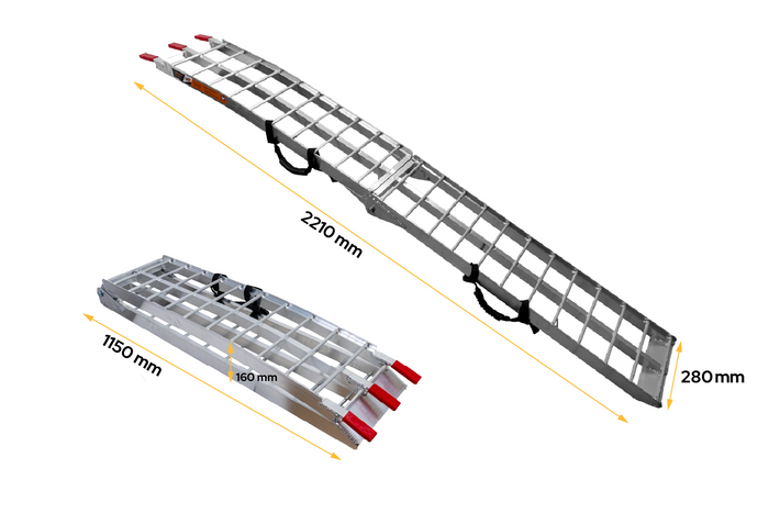 UNITRAILER ALR002 sulankstomos rampos, aliuminio rampos priekaboms, 221 cm, 680 kg, su diržu, 2 vnt. komplektas