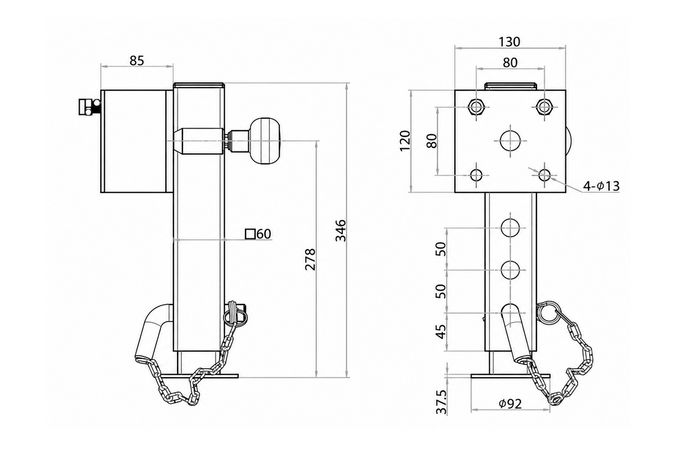 UNITRAILER JL1 ištraukiama alkūninio veleno atrama 1500 kg bortinei priekabai 346–576 mm