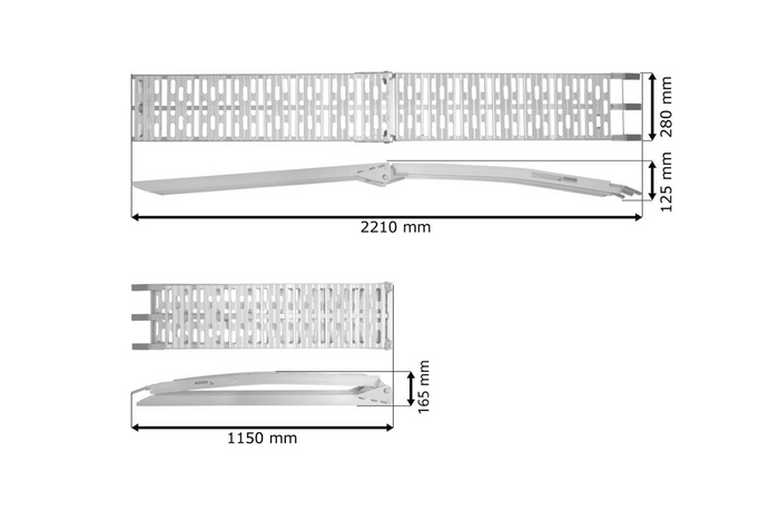 UNITRAILER ALR003 sulankstomos rampos, aliuminio rampos priekaboms, 221 cm, 680 kg, su diržu ir atrama, 2 vnt. komplektas